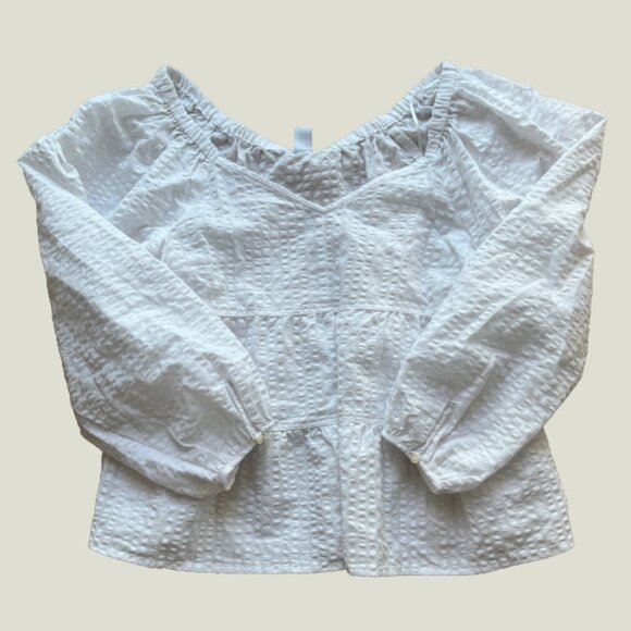 Like New Old Navy White Seersucker Sweetheart Off Shoulder Ruffle Tiered Blouse - Picture 3 of 6